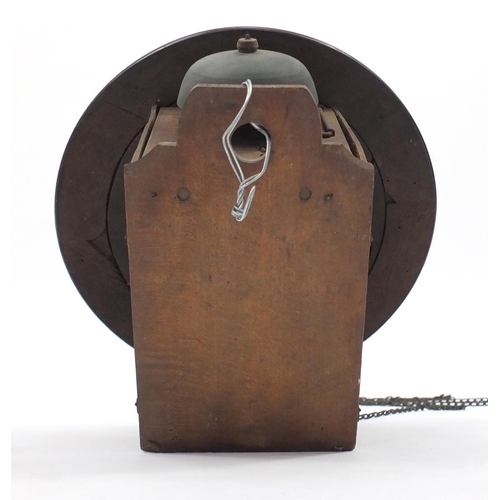 2066 - Victorian mahogany postman's clock, with Arabic numerals, weights and pendulum, 27cm in diameter