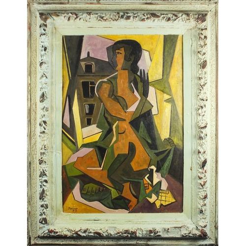 2157 - Abstract composition, cubist figure, French impressionist oil on board bearing a signature Melzinger... 