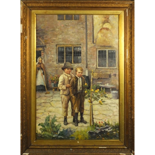 2296 - Manner of Harold Harvey - Two young boys, Newlyn school oil on board, mounted and framed, 74cm x 50c... 