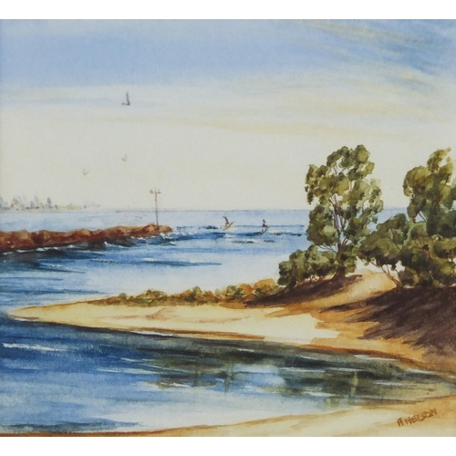 2344 - Anne Nelson - Surfriders, watercolour, label and stamp verso, mounted and framed, 6.2cm x 6.2cm