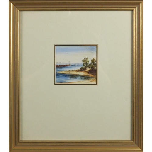 2344 - Anne Nelson - Surfriders, watercolour, label and stamp verso, mounted and framed, 6.2cm x 6.2cm