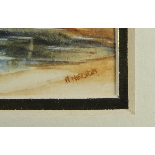 2344 - Anne Nelson - Surfriders, watercolour, label and stamp verso, mounted and framed, 6.2cm x 6.2cm