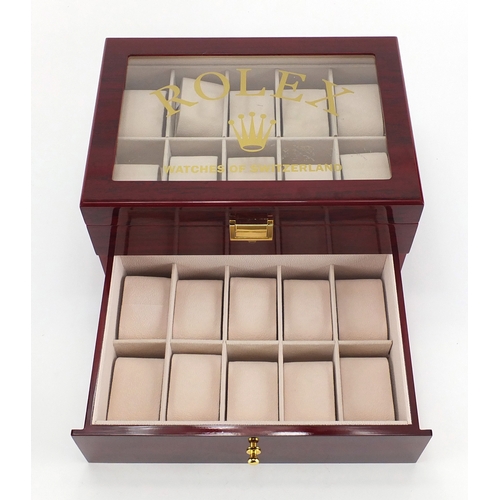 2198 - Rolex cherry wood dealers display box, with base drawer and dust bag, 16cm H x 29cm W x 20.5cm D