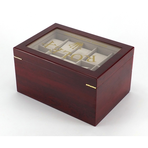 2198 - Rolex cherry wood dealers display box, with base drawer and dust bag, 16cm H x 29cm W x 20.5cm D