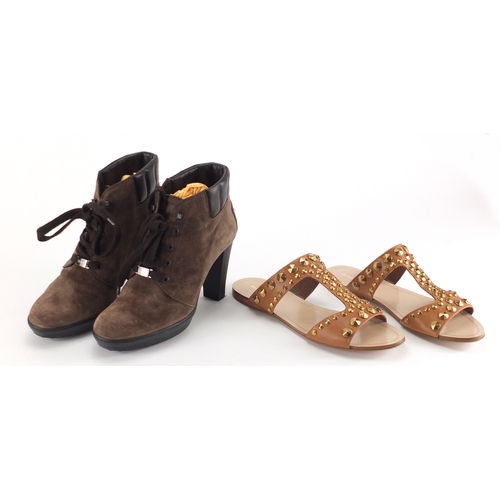 2261 - Tod's brown suede and leather boots and a pair of Miu Miu leather sandals, sizes 39 and 39.5, both w... 