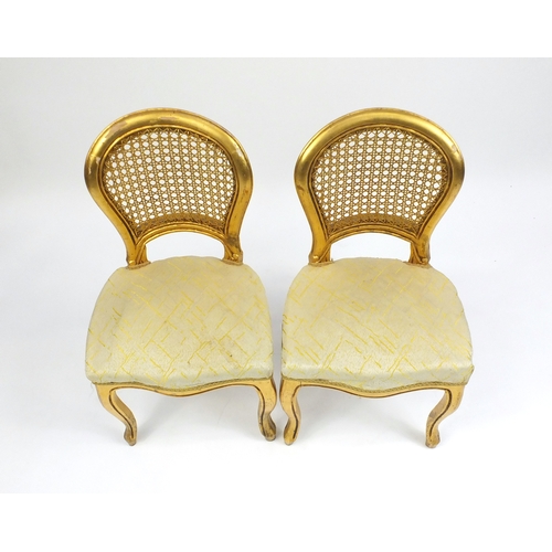 2136 - Pair of French gilt occasional chairs, with cane backs and stuff over seats, 82cm high