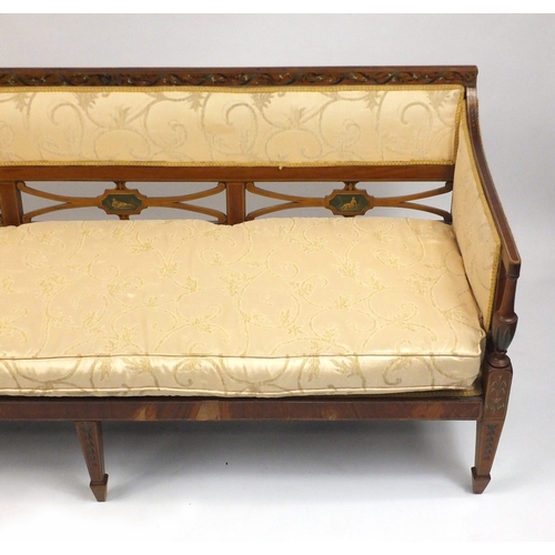 2029 - 19th century mahogany three seater settee, hand painted with panels of maidens and flowers, on squar... 