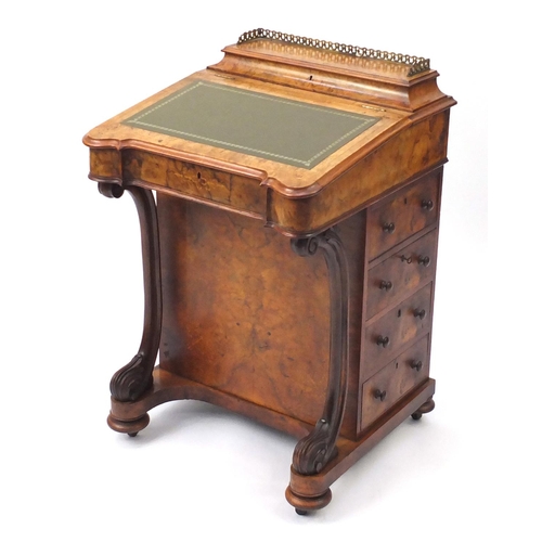 2013 - Victorian inlaid burr walnut davenport, with galleried pen compartment and carved scrolling supports... 