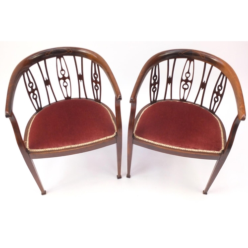 2132 - Pair of inlaid mahogany tub chairs, with pink upholstered stuff over seats, 73cm high