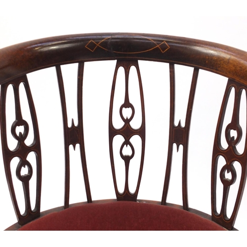 2132 - Pair of inlaid mahogany tub chairs, with pink upholstered stuff over seats, 73cm high