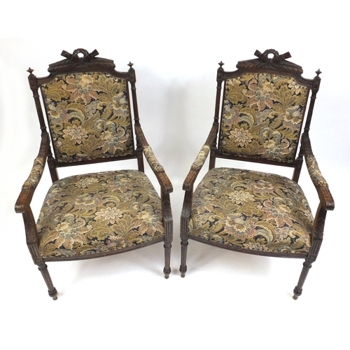 2036 - 19th century French carved walnut salon suite comprising a two seater settee and two armchairs with ... 