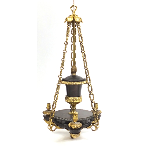 2150 - Good quality empire style bronze and brass three branch chandelier, 84cm high