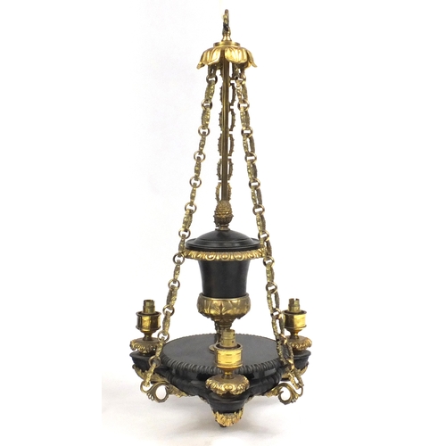 2149 - Good quality empire style bronze and brass three branch chandelier, 84cm high