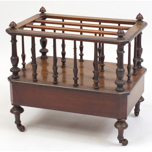 2063 - Victorian burr walnut and line inlaid Canterbury, with base drawer, 52cm H x 55cm W x 38cm D