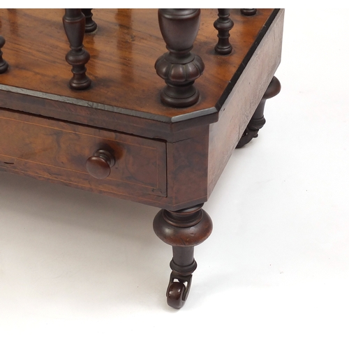 2063 - Victorian burr walnut and line inlaid Canterbury, with base drawer, 52cm H x 55cm W x 38cm D