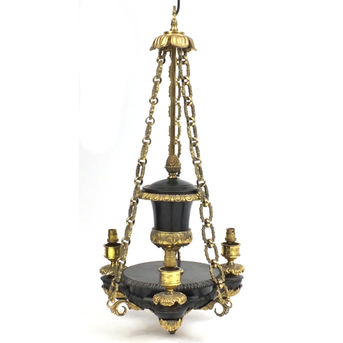 2151 - Good quality empire style bronze and brass three branch chandelier, 84cm high