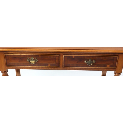 48 - Inlaid yew hall table, fitted with two frieze drawers, 77cm H x 80cm W x 36cm D