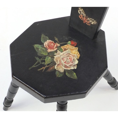 42 - Victorian ebonised chair, hand painted with flowers, birds and insects, 90cm high