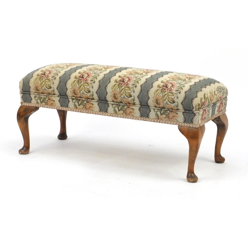 30 - Oak framed stool with floral stuff over seat, 33cm H x 78cm W x 33cm D