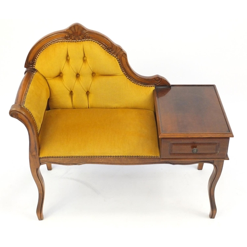 32 - Walnut telephone table with gold button back upholstery, 86cm H x 95cm W x 43cm D