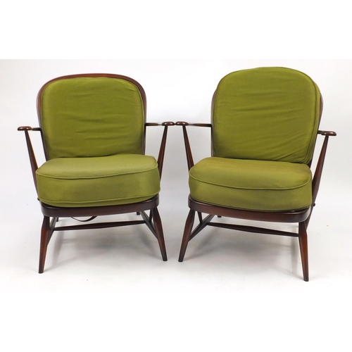 29 - Pair of Ercol elm stickback open armchairs, with green upholstery, 77cm high
