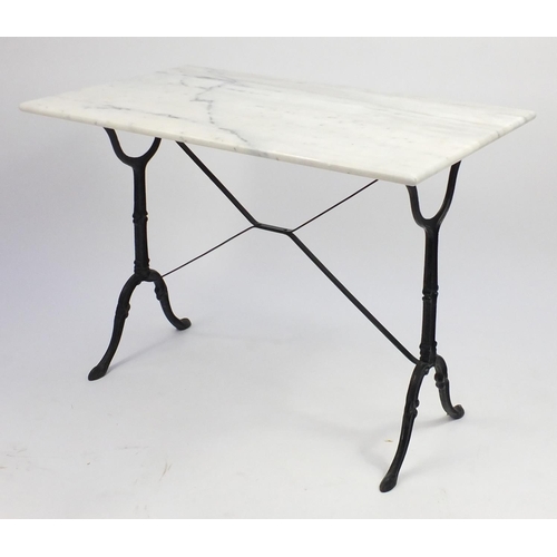 47 - Rectangular white marble topped garden table, with cast iron base, 74cm H x 100cm W x 61cm D