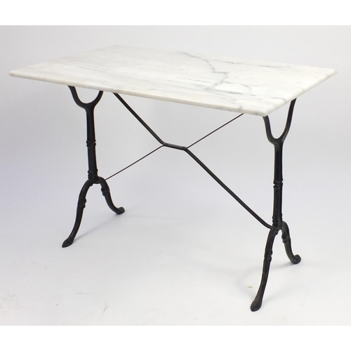 47 - Rectangular white marble topped garden table, with cast iron base, 74cm H x 100cm W x 61cm D