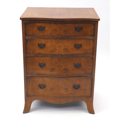 2 - Burr maple serpentine fronted chest, fitted with four graduated drawers, 84cm H x 61cm W x 46cm D