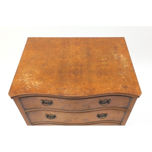2 - Burr maple serpentine fronted chest, fitted with four graduated drawers, 84cm H x 61cm W x 46cm D