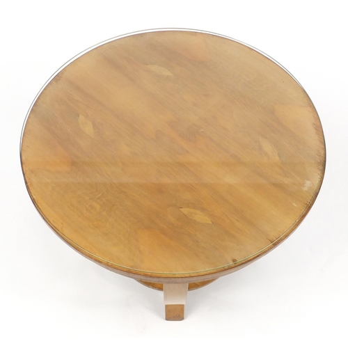 16 - Circular Art Deco walnut occasional table with glass top and under tier, 48cm high x 60cm in diamete... 