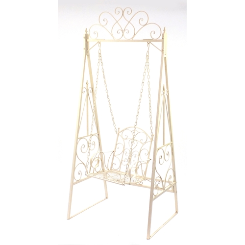 18 - Painted wrought iron garden swing chair, 240cm H x 103cm W