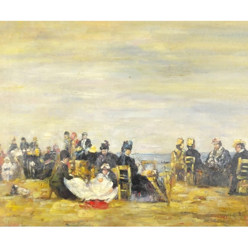 12 - Figures on the beach, French impressionist oil on board, bearing a signature probably E Boudin, fram... 