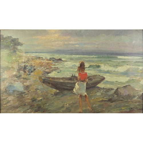 35 - Young girl by the sea, Italian school oil on board, bearing a signature possibly A Pratelln, framed,... 