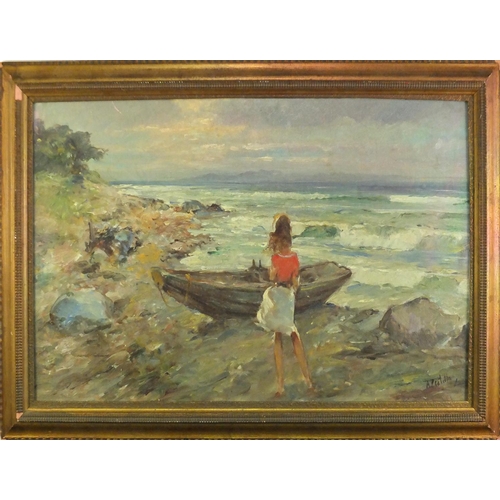 35 - Young girl by the sea, Italian school oil on board, bearing a signature possibly A Pratelln, framed,... 