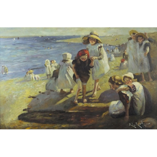 37 - After R Le Rossetti - Figures on a beach, Newlyn school oil on canvas board, framed, 90cm x 59.5cm