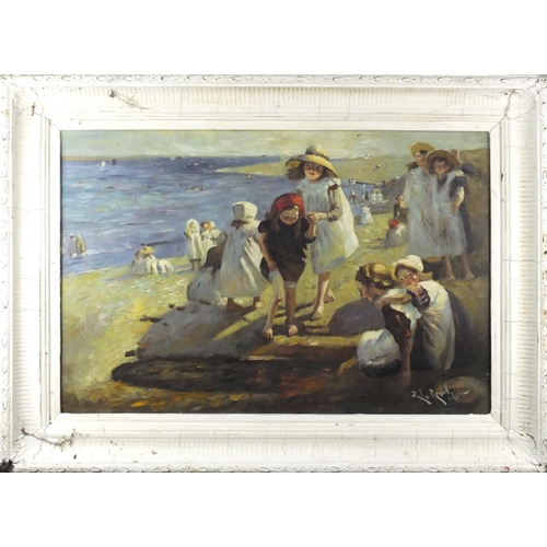 37 - After R Le Rossetti - Figures on a beach, Newlyn school oil on canvas board, framed, 90cm x 59.5cm