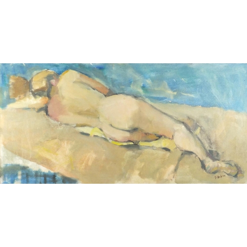 38 - Reclining nude female, Modern British oil on canvas, bearing a signature S Dobson, unframed, 114.5cm... 