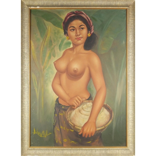 39 - Portrait of a standing semi nude Asian female, oil on canvas, bearing an indistinct signature possib... 