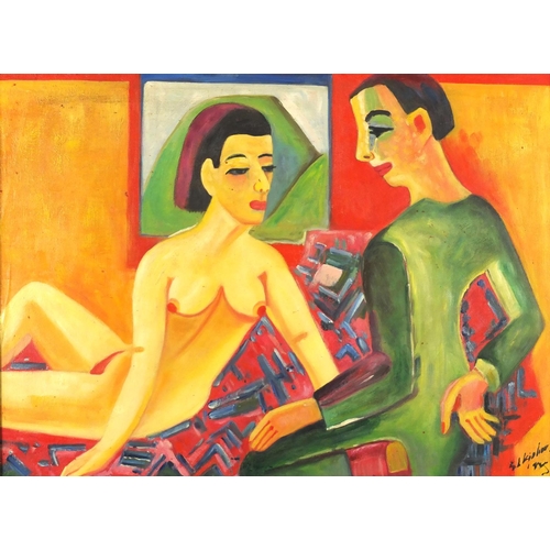 40 - Two figures in an interior, German expressionist oil on board, bearing an indistinct signature possi... 