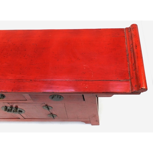 59 - Chinese red lacquered altar sideboard, fitted with three drawers above a pair of cupboard doors, 87c... 