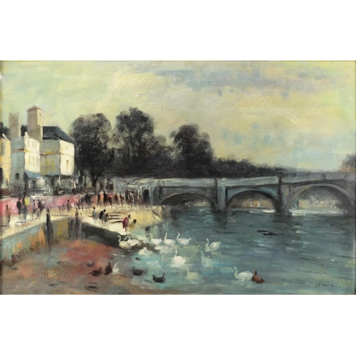 61 - Children feeding swans before a bridge, oil on canvas board, bearing a signature Wesson, mounted and... 