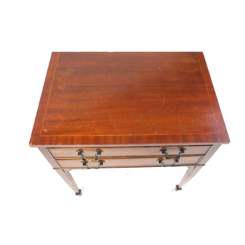 55 - Mahogany side table with line inlay and two drawers, raised on tapering legs, 76cm H x 62.5cm W x 41... 