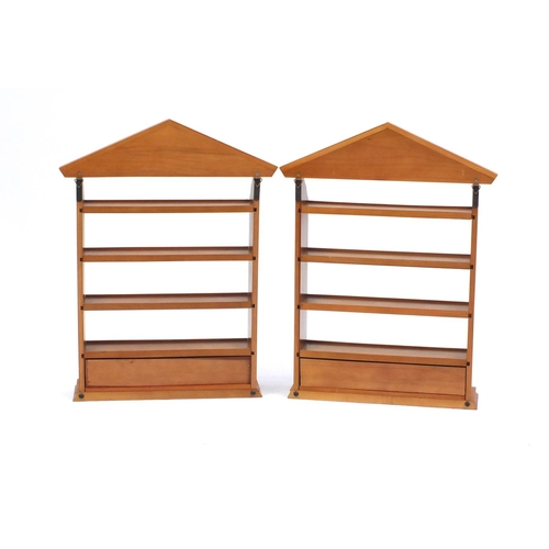 54 - Pair of light wood hanging shelves, each fitted with a drawer to the base, 57cm H x 38cm W x 10cm D