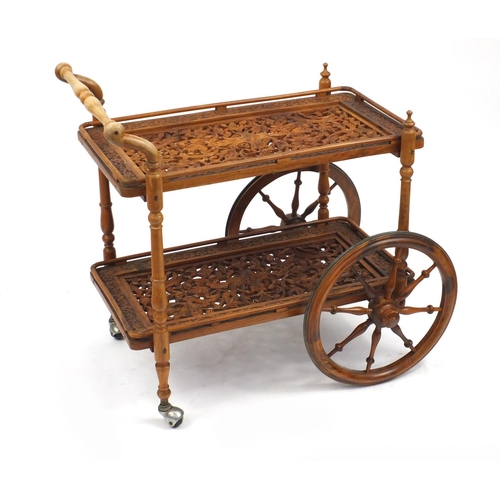 119 - Carved wood two tier tea trolley, 77cm H x 77cm W x 41cm D