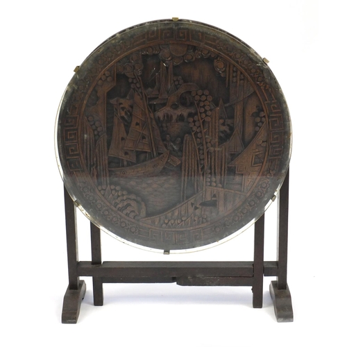 60 - Oriental carved hardwood folding occasional table