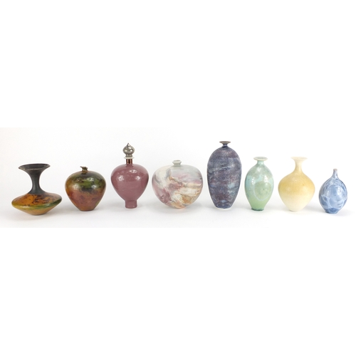 997 - Studio pottery including two vases with crystalline glazes, various impressed marks and initials, th... 