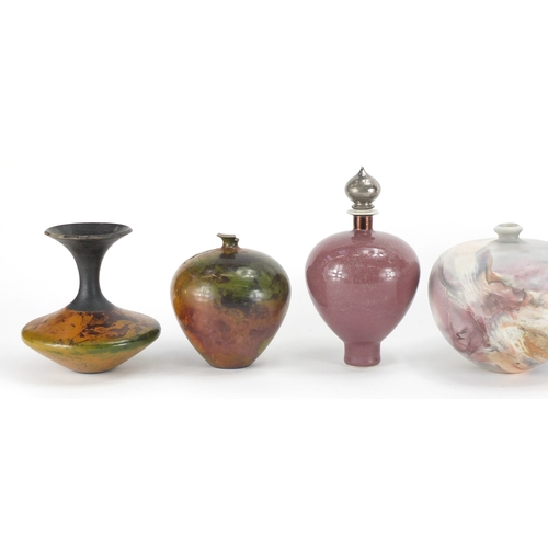 997 - Studio pottery including two vases with crystalline glazes, various impressed marks and initials, th... 