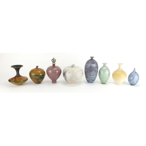 997 - Studio pottery including two vases with crystalline glazes, various impressed marks and initials, th... 