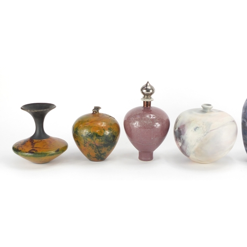 997 - Studio pottery including two vases with crystalline glazes, various impressed marks and initials, th... 