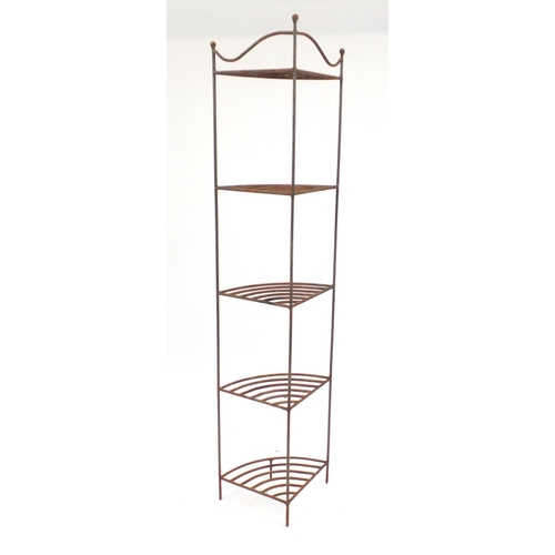 58 - Wrought iron five shelf corner stand, 170cm high
